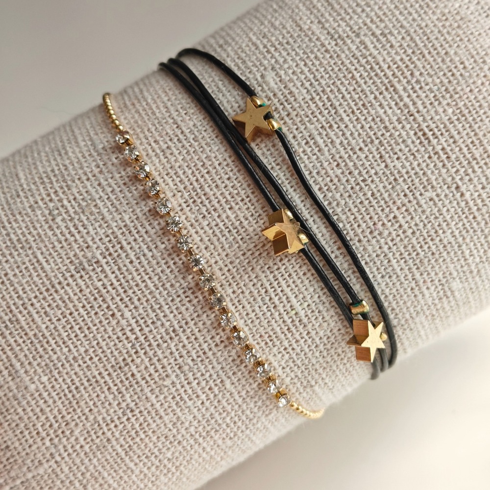 NEW Gold Star Layered Bracelet Black Cord Rhinestone Celestial Dainty Whimsical